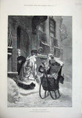 Original Old Antique Print 1876 Winter Snow Young Boy Sledge Woman Man Fine Art