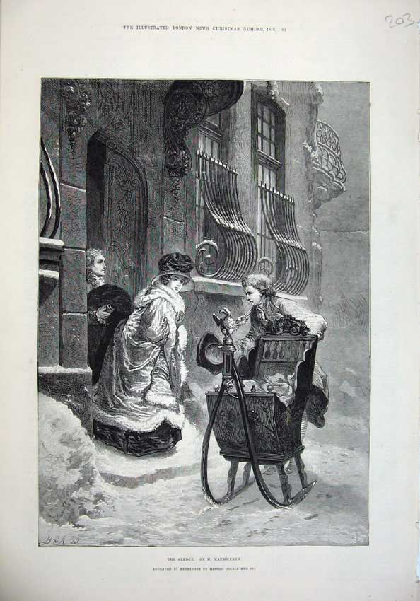 Original Old Antique Print 1876 Winter Snow Young Boy Sledge Woman Man Fine Art