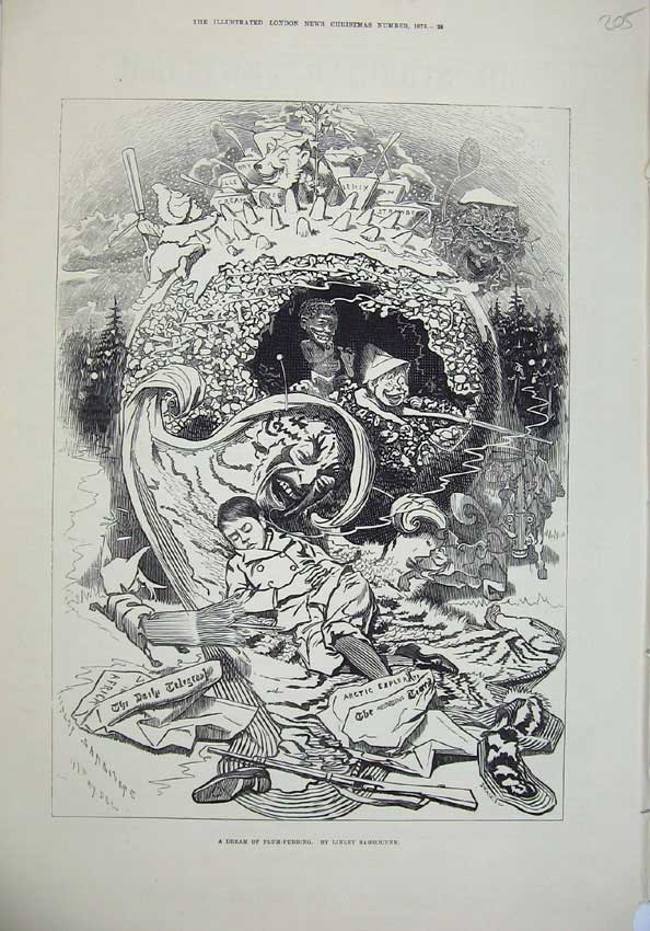 Old Antique Print 1876 Young Boy Dreaming Plum Pudding Fantasy Sambourne 19th