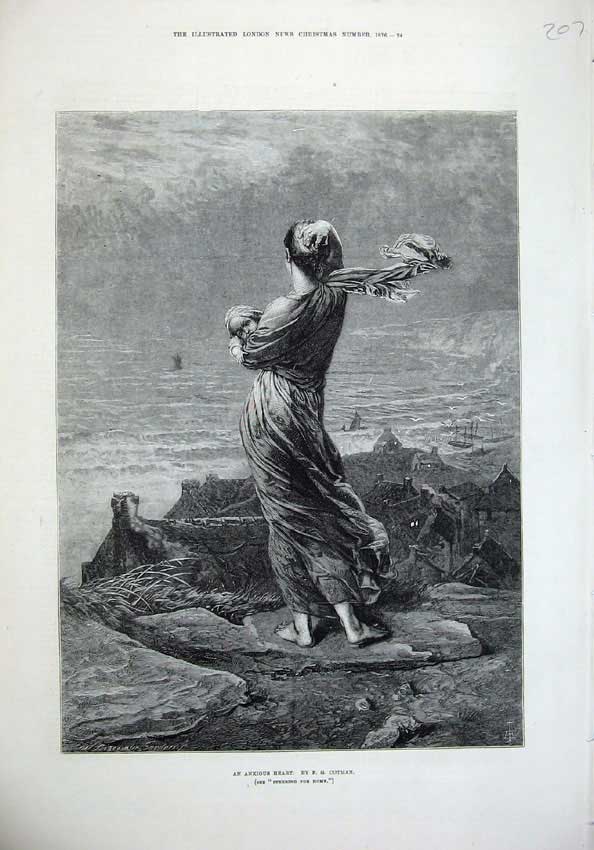 Original Old Antique Print 1876 Mother Baby Waiting Sea-Shore Looking Fine Art