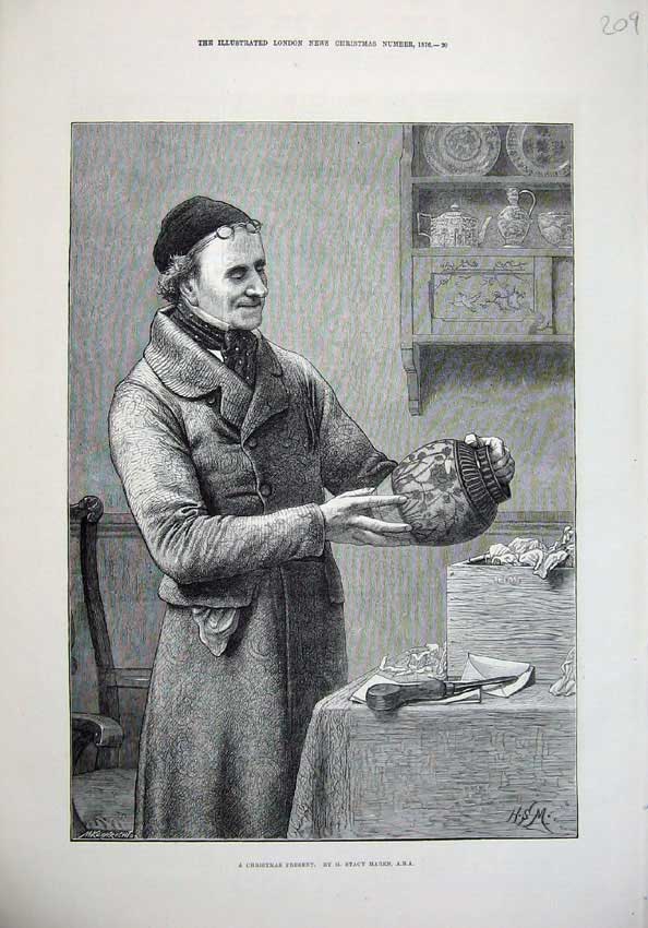 Original Old Antique Print 1876 Christmas Present Man Vase Fine Art Stacy Marks