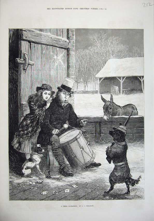 Original Old Antique Print 1876 Performing Dog Music Coat Gun Man Drum Dollman
