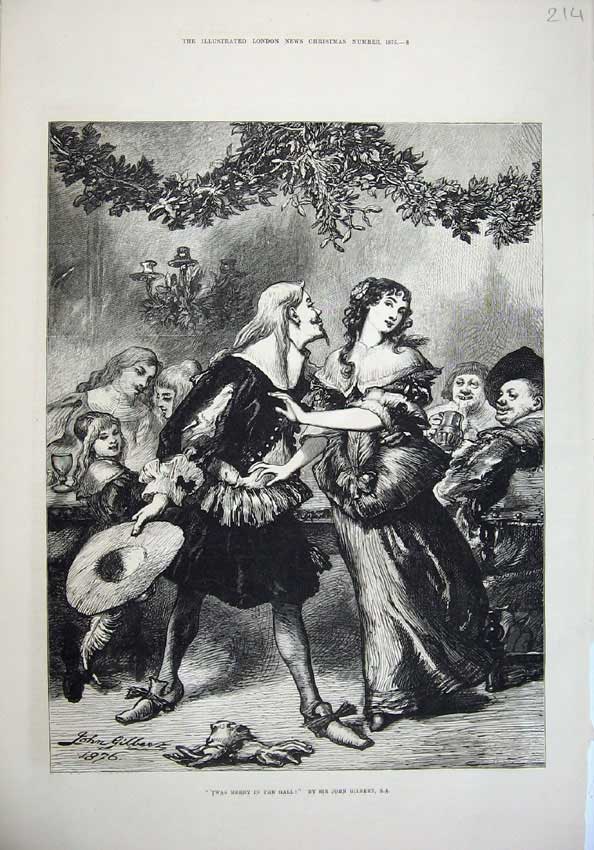 Original Old Antique Print 1875 John Gilbert Fine Art Man Woman Romance Kiss