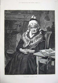 Original Old Antique Print 1876 Christmas Woman Sleeping Chair Book Glasses