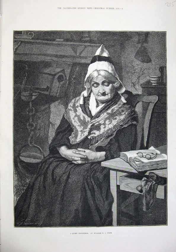 Original Old Antique Print 1876 Christmas Woman Sleeping Chair Book Glasses