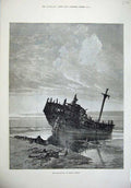 Original Old Antique Print Fine Art 1876 Ship Wreck Sea Shore Mason Jackson