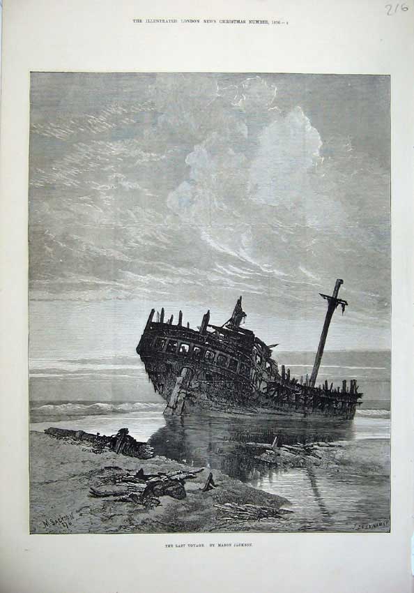Original Old Antique Print Fine Art 1876 Ship Wreck Sea Shore Mason Jackson