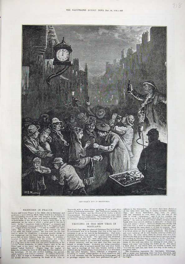 Old Antique Print 1876 New Years Eve Party Edinburgh Street Scotland Art 19th