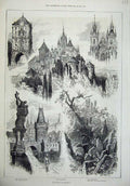 Old Antique Print 1876 Prague Powder Tower Karl'S Bridge Teynkirche Jews 19th