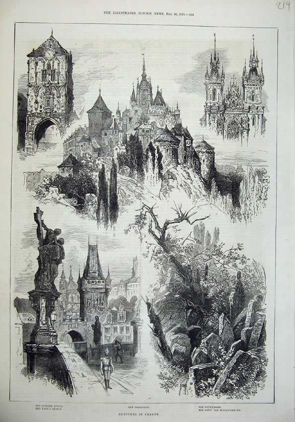 Old Antique Print 1876 Prague Powder Tower Karl'S Bridge Teynkirche Jews 19th