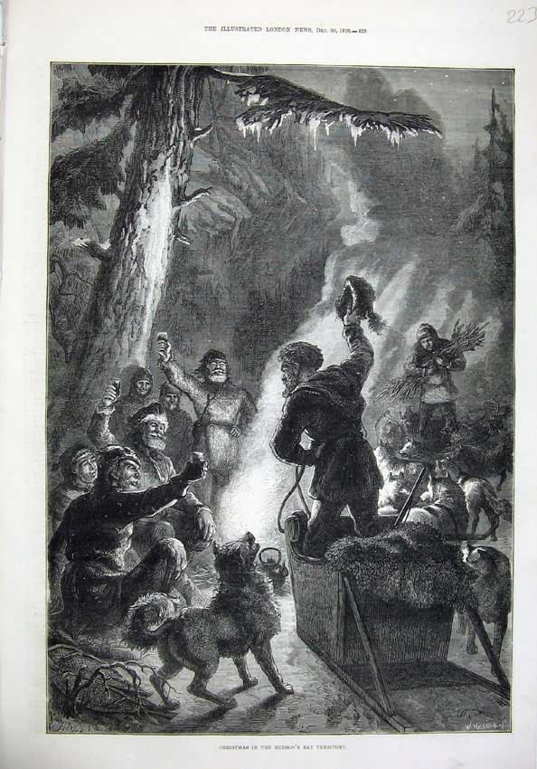 Old Antique Print 1876 Christmas Hudson Bay Territory Men Drinking Dogs 19th