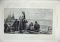 Old Antique Print 1876 Henri Bource Ships Families Waiting Sea-Shore Art 19th