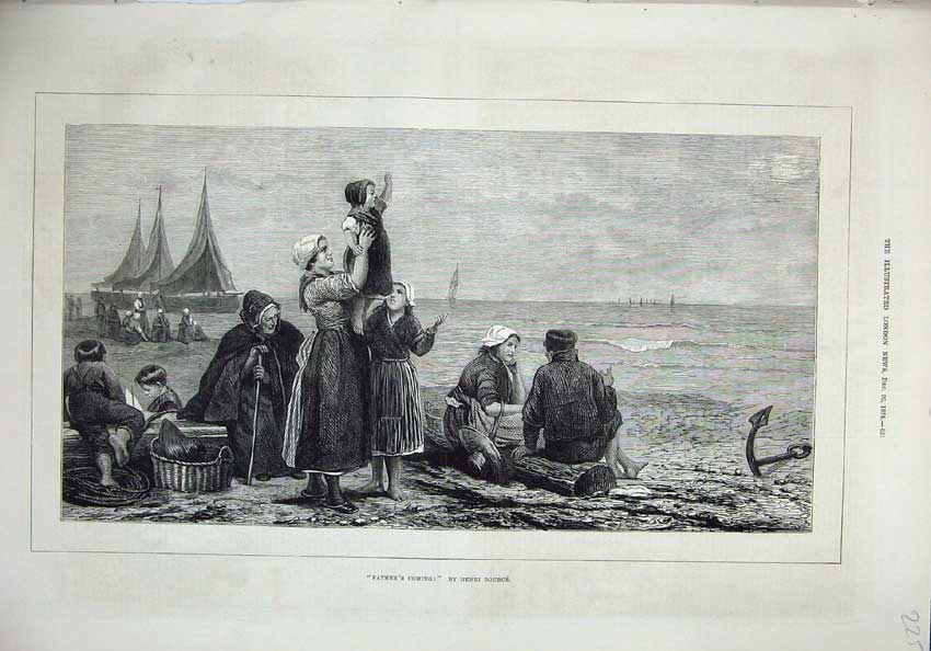 Old Antique Print 1876 Henri Bource Ships Families Waiting Sea-Shore Art 19th