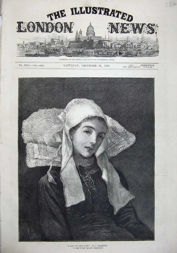 Old Antique Print 1876 Girl Pont Aven Beautiful Portrait Dudley Gallery 19th