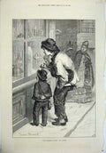 Old Antique Print 1876 Street Young Boys Violin Looking Shop Window Art 19th