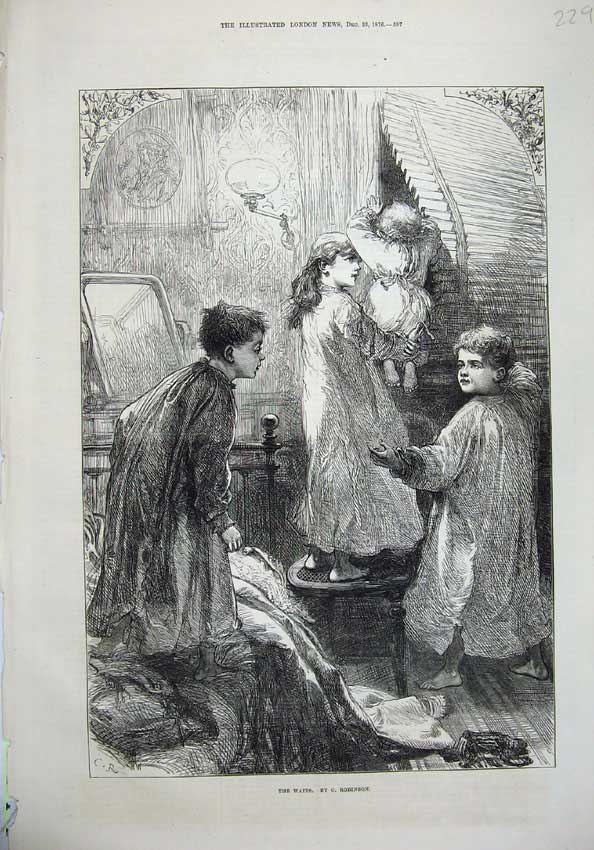 Original Old Antique Print 1876 Children Looking Window Night-Clothes Robinson