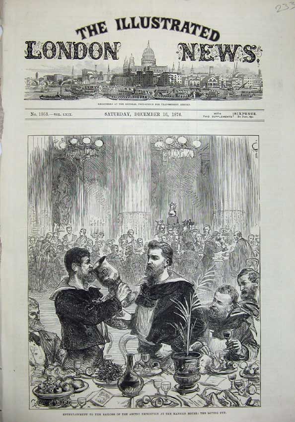 Old Antique Print 1876 Sailors Arctic Expedition Mansion House Loving Cup 19th