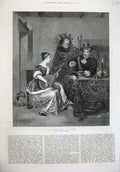 Original Old Antique Print 1876 Guitar Lesson Woman Music Men Book Terburg Art