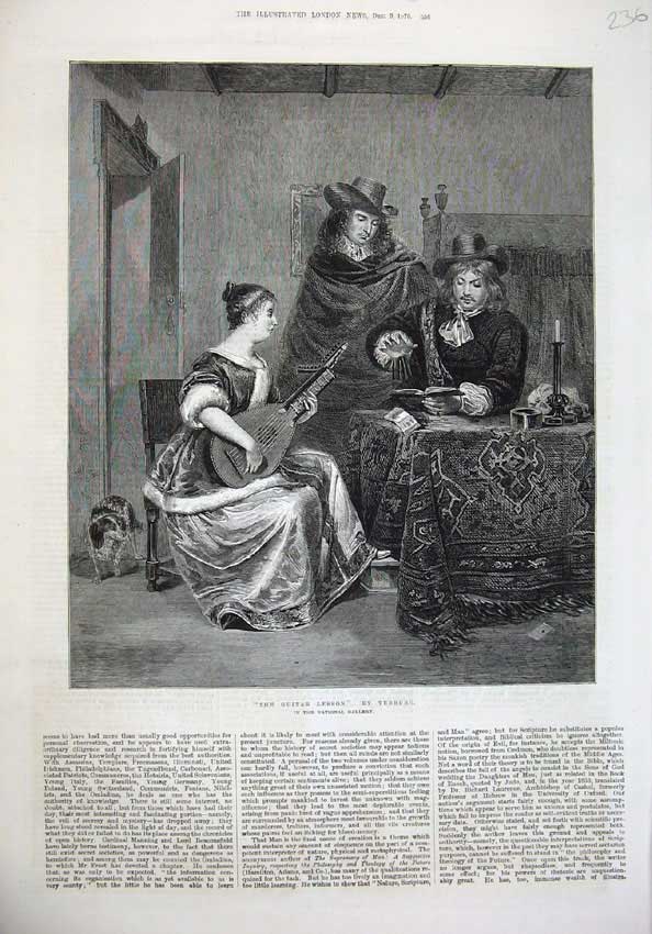 Original Old Antique Print 1876 Guitar Lesson Woman Music Men Book Terburg Art