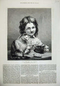 Original Old Antique Print 1876 Deux Bons Amis Little Boy Cat Delobbe Fine Art
