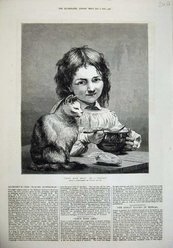Original Old Antique Print 1876 Deux Bons Amis Little Boy Cat Delobbe Fine Art