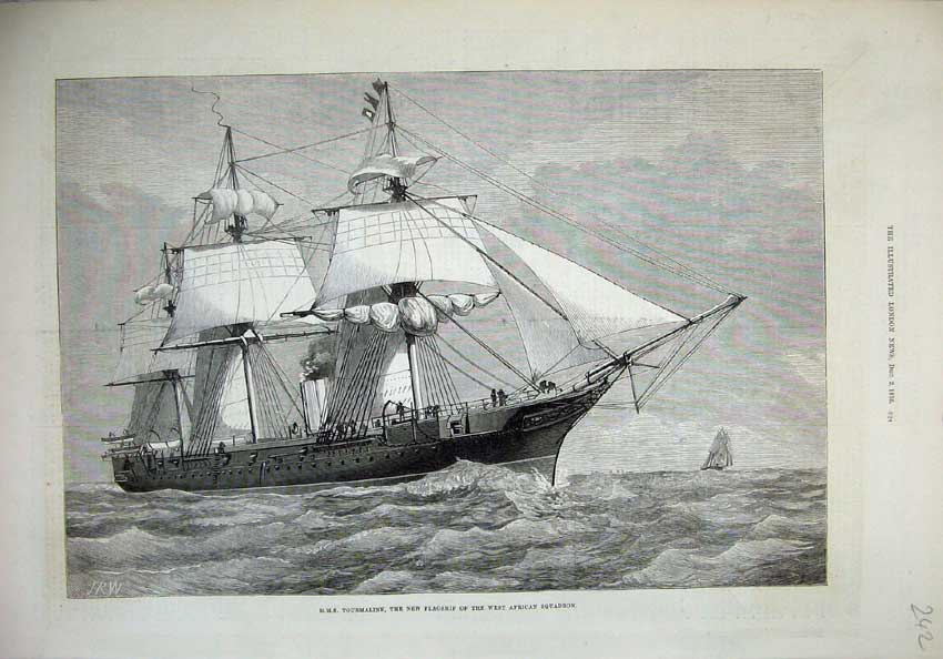 Old Antique Print 1876 H.M.S New Flagship West African Squadron Sailing 19th