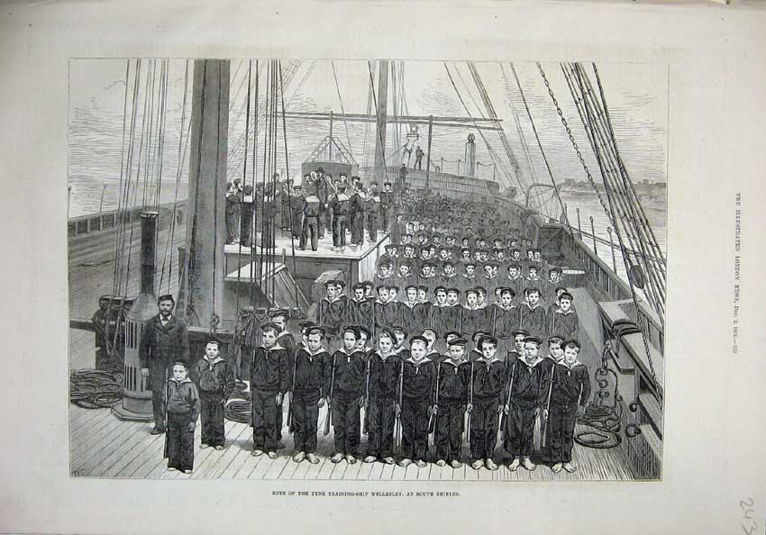 Antique Old Print *0212 1876 Boys Tyne Training Ship Wellesley South Shields