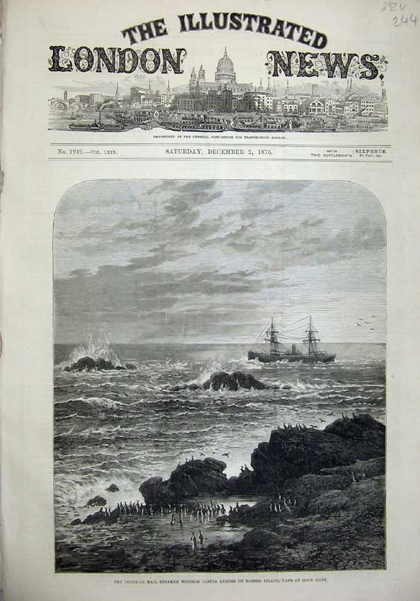 Old Antique Print 1876 Colonial Mail Steamer Windsor Castle Dassen Hope 19th