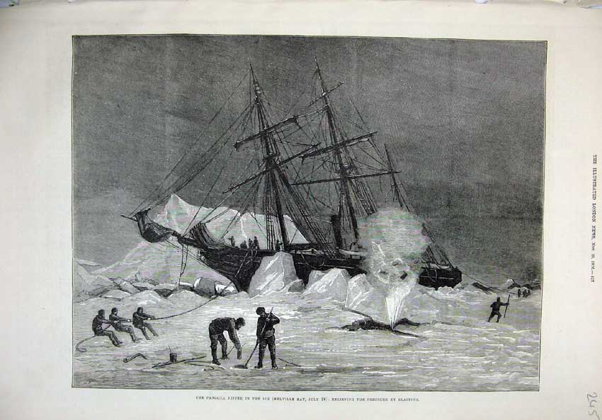 Original Old Antique Print 1876 Pandora Ice Melville Bay Sailing Ship Snow Art