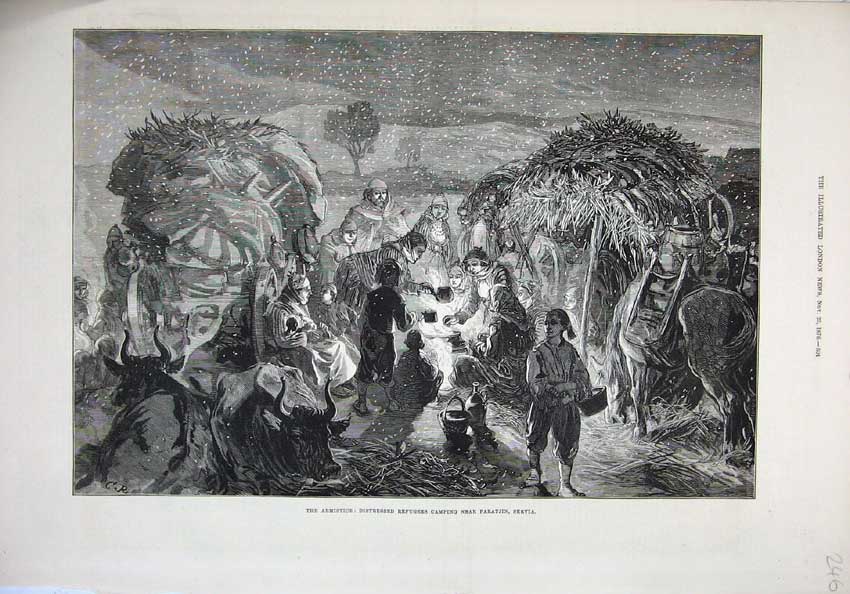 Original Old Antique Print 1876 Armistice Refugees Camping Paratjin Servia Art