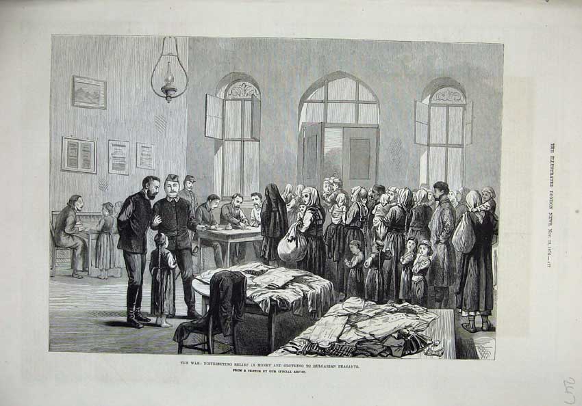 Old Antique Print 1876 War Distributing Money Clothing Bulgarian Peasants 19th