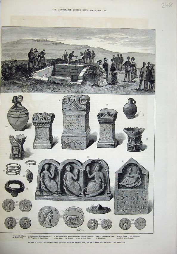Old Antique Print 1876 Roman Antiquities Procolitia Hadrian Wall Severus 19th