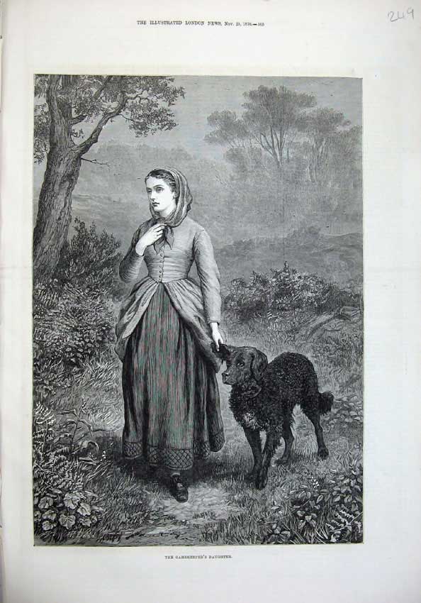Old Antique Print Fine Art 1876 Gamekeeper'S Daughter Woman Dog Country 19th