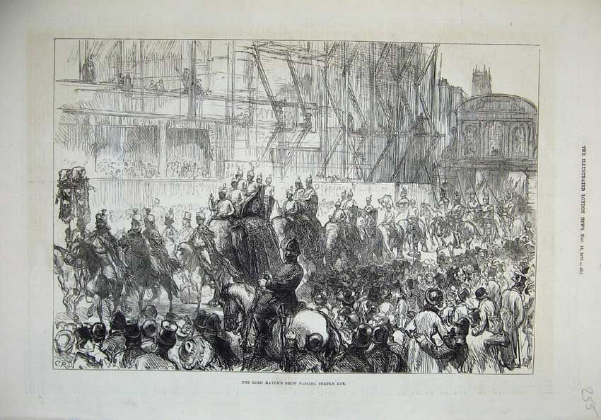 Old Antique Print 1876 Scene Lord Mayor Temple Bar Elephants Army Horses 19th