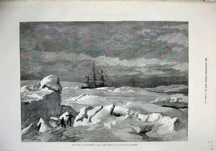Original Old Antique Print 1876 North Pole Expedition Ship Alert Frozen Ice Sea