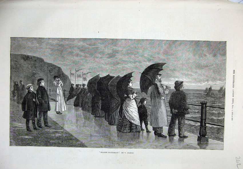 Old Antique Print Fine Art 1876 Seaside People Umbrellas Ships Sea Windy 19th