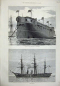 Old Antique Print 1876 Launch Bacchante Portsmouth H.M.S Boadicea Ships 19th