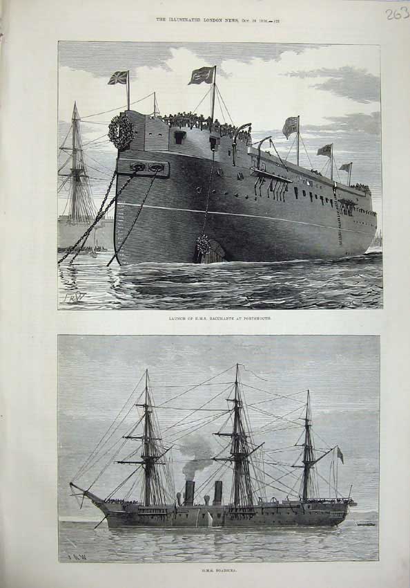 Old Antique Print 1876 Launch Bacchante Portsmouth H.M.S Boadicea Ships 19th