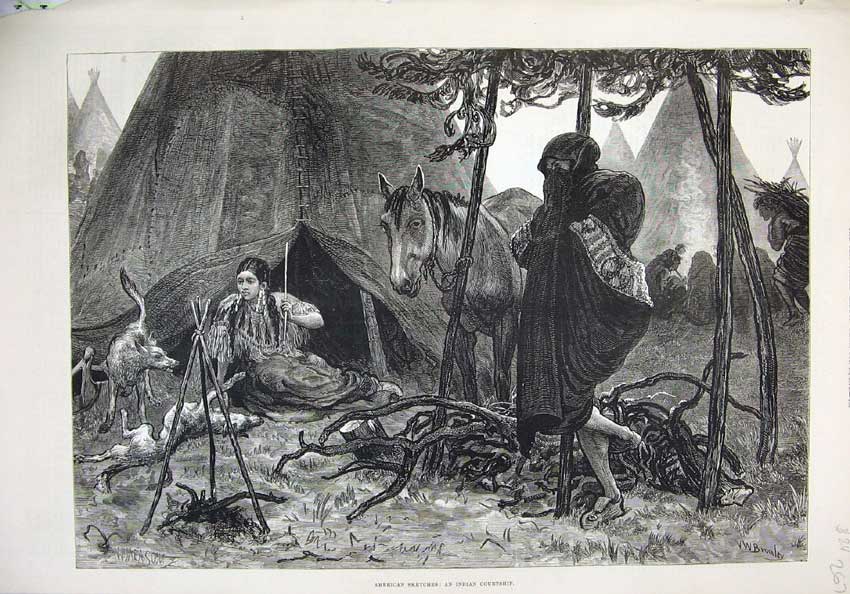 Original Old Antique Print 1876 America Indian Man Woman Romance Tent Horse Dog