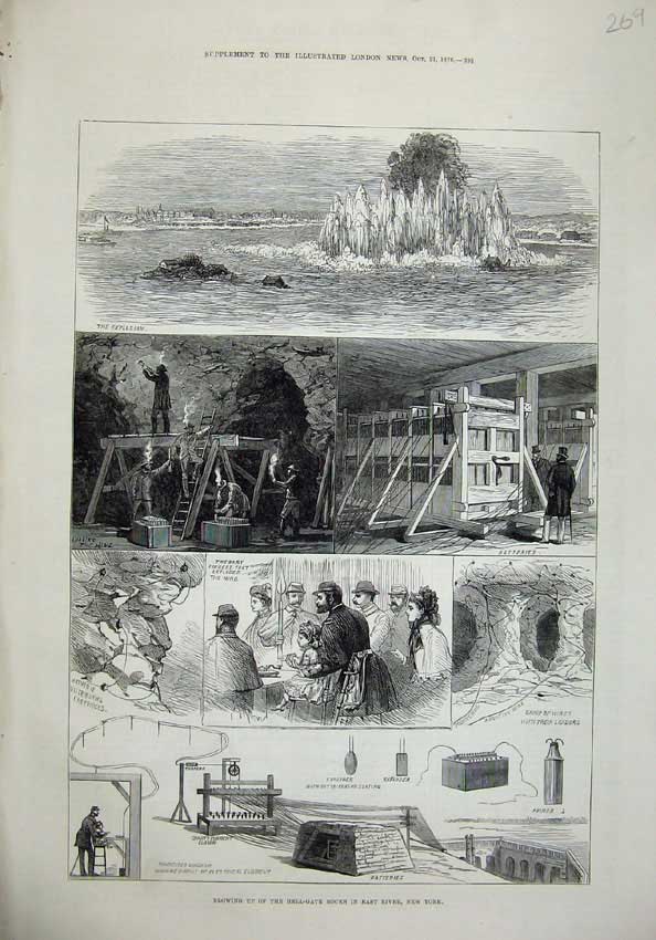 Old Antique Print 1876 Blowing Hell-Gate Rocks East River New York Mine 19th