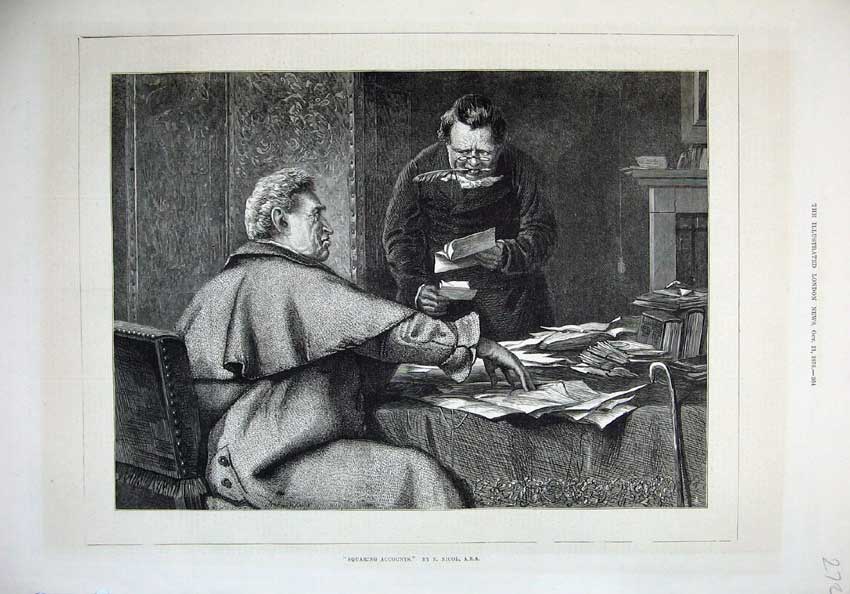 Old Antique Print 1876 Men Squaring Accounts Books Papers Table Fine Art 19th