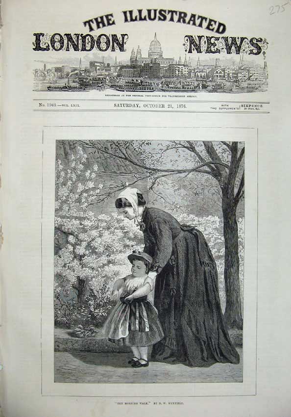 Original Old Antique Print 1876 Fine Art Mother Little Girl Morning Walk Garden