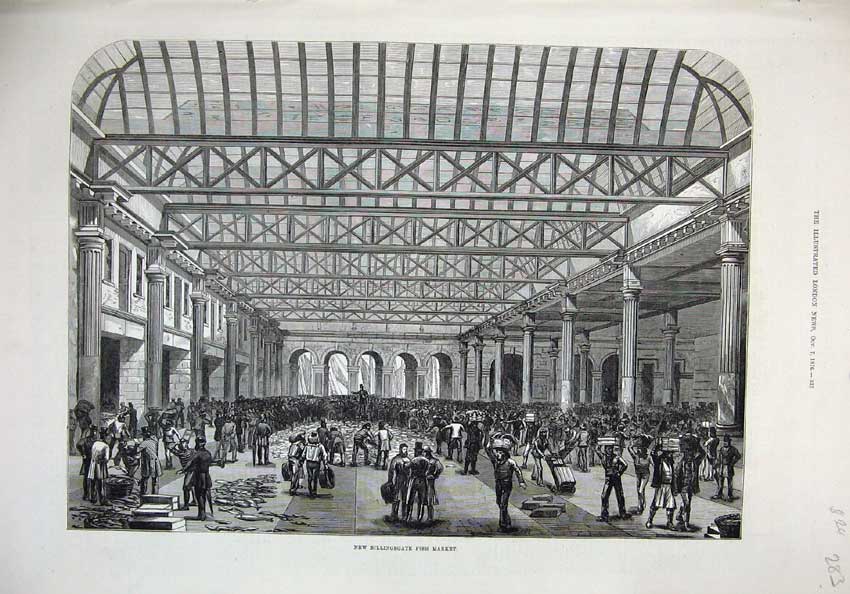 Old Antique Print 1876 Fine Art Interior New Billingsgate Fish Market Men 19th