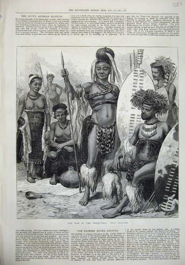 Original Old Antique Print 1876 War Trans-Vaal Zulu Kaffirs Men Women Warriors