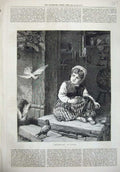 Old Antique Print 1876 Fine Art Breakfast Liitle Girl Feeding Birds Step 19th