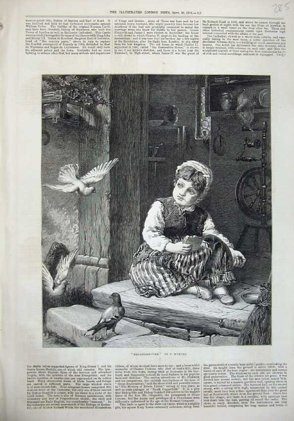 Old Antique Print 1876 Fine Art Breakfast Liitle Girl Feeding Birds Step 19th