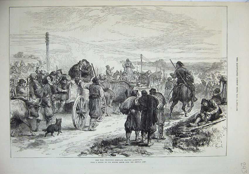 Original Old Antique Print 1876 War Wounded Servians Alexinatz Army Cart People