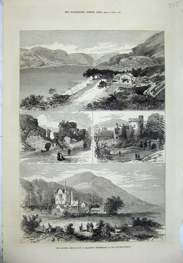 Old Antique Print 1876 Glasgow Mountains Benmore Rothesay Castle Lomond 19th