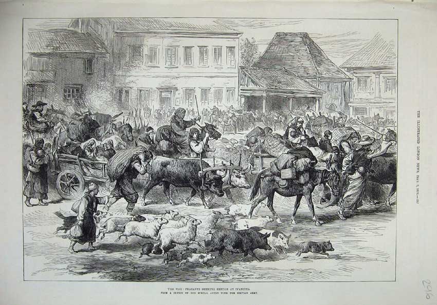 Original Old Antique Print 1876 War Peasants Refuge Ivanintza Town Cattle Cart