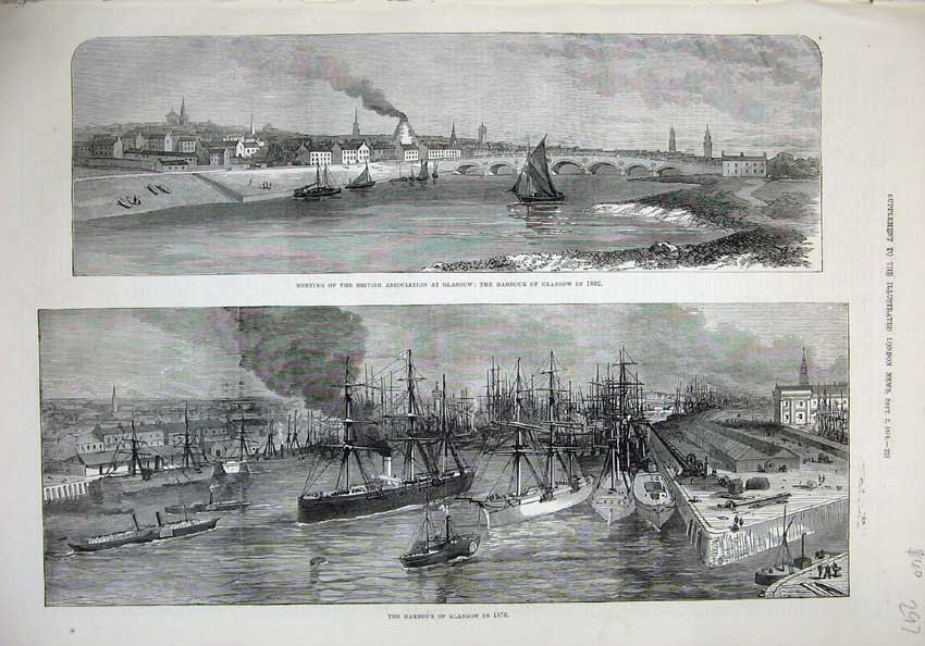 Original Old Antique Print 1876 Harbour Glasgow Ships Steamer Bridge River Art